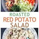 Two photo collage of ingredients in a bowl and the finished creamy potato salad in a bowl.