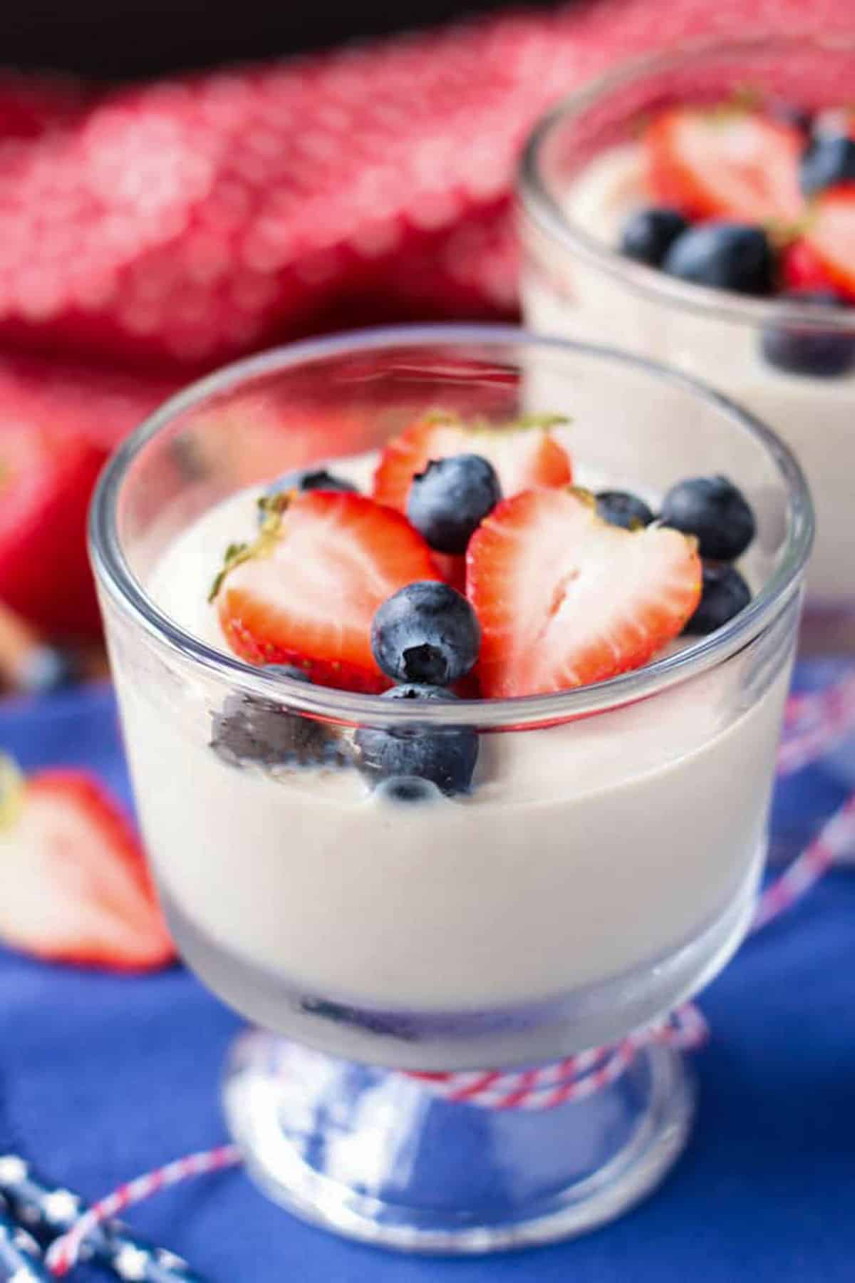 Front view of vanilla pudding in a glass bowl.