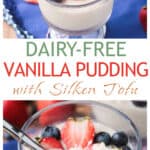 Two photo collage of a vegan vanilla pudding.