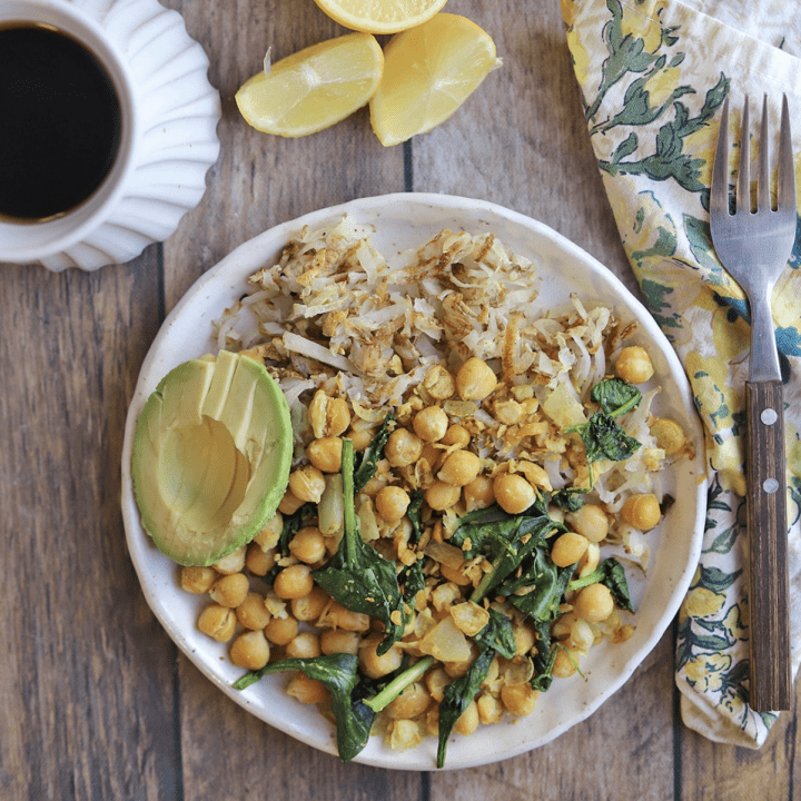 Chickpea scramble with hash browns.