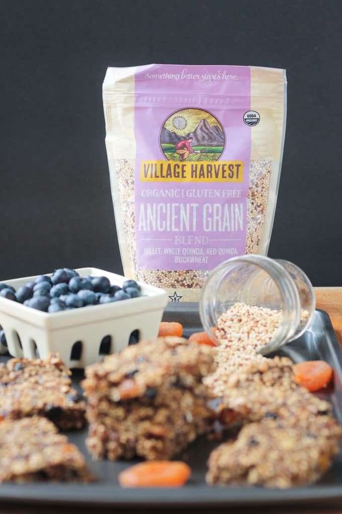 Village Harvest new rice blend product - Ancient Grains - behind a tray full of breakfast bars and blueberries.