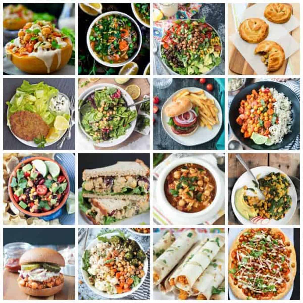 Collage of 16 vegan chickpea recipes