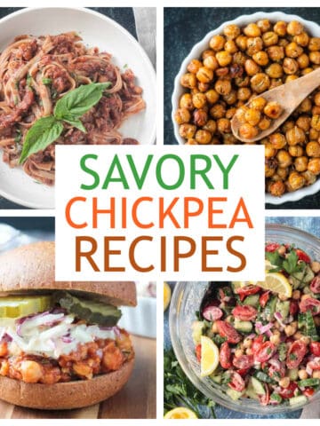 Four photo collage of a variety of savory vegan chickpea recipes.