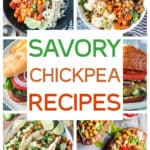 Six photo collage of a variety of savory vegan chickpea recipes.