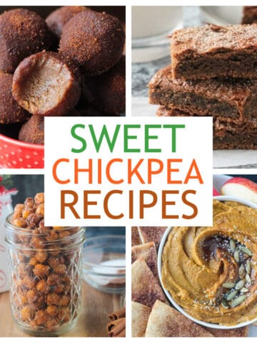 Four photo collage of a variety of sweet vegan chickpea recipes.