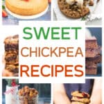 Six photo collage of a variety of sweet vegan chickpea recipes.