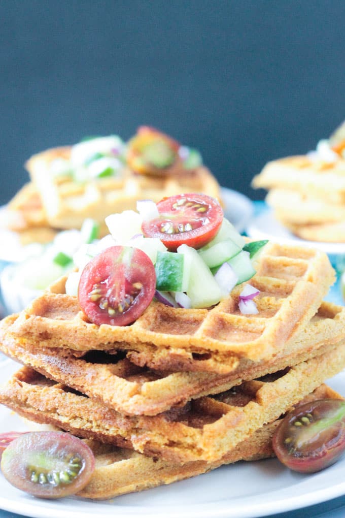 Close up of the crunchy edges of savory waffles.