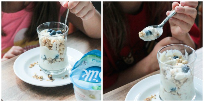 Collage of two kids eating Silk yogurt and granola.