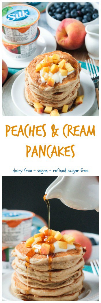 Super thick, soft, and fluffy dairy free pancakes. Make with @lovemysilk Peach & Mango Dairy-Free Yogurt Alternative and diced peaches, they are bursting with little bites of fresh peaches throughout. Top them of with more yogurt, fresh peaches, and a touch of pure maple syrup. @SoFabFood #DairyFreeGoodness #vegan #eggfree #dairyfree #veggieinspired #pancakes