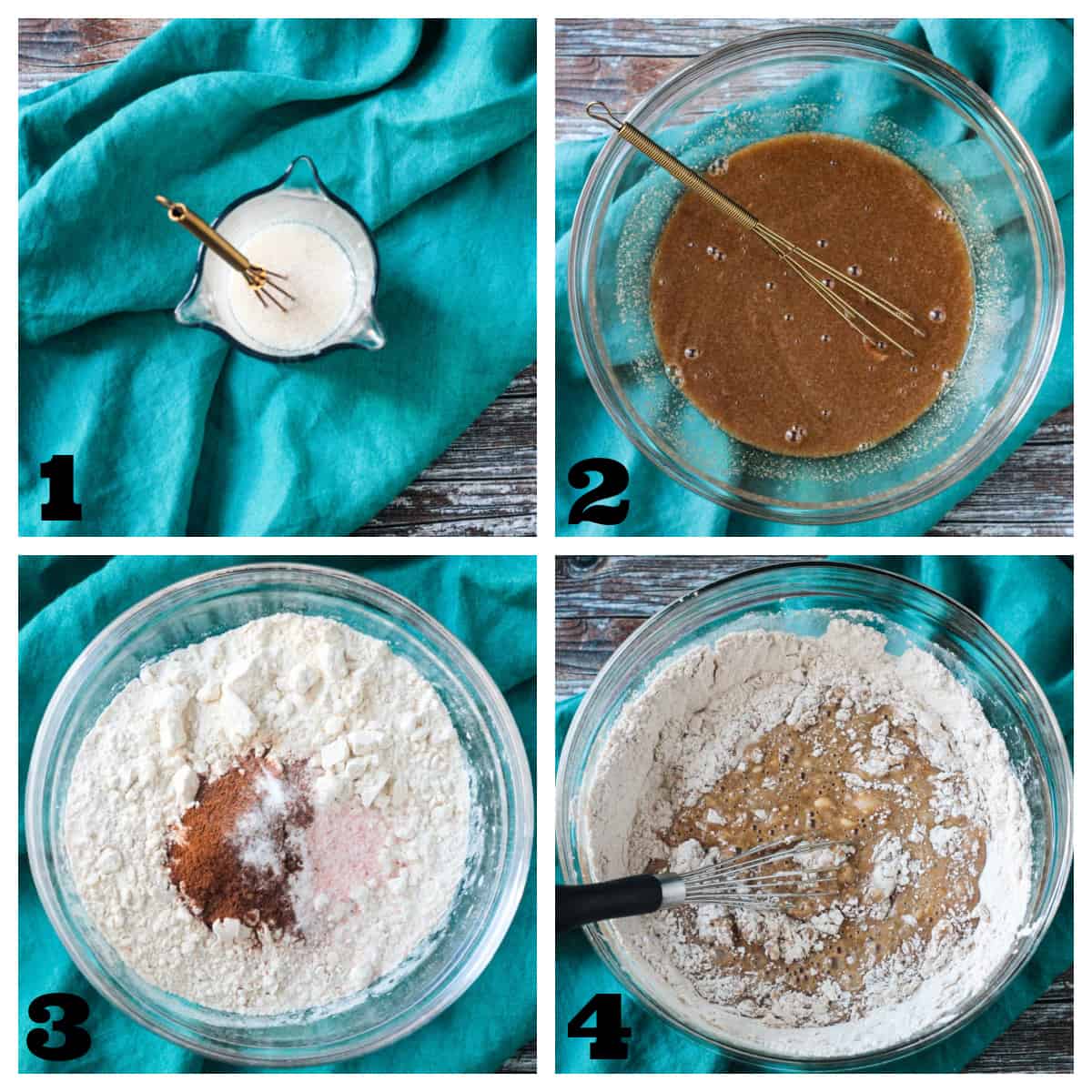 4 photo collage of whisking the dry and wet ingredients into a batter.