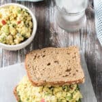 Curried tofu salad on a sandwich.