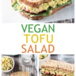 Three photo collage of a curried tofu salad sandwich, and open face sandwich, and two sandwich halves stacked.