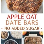 Three photo collage of recipe ingredients, sliced bars in a pan, and oat bars on a plate.