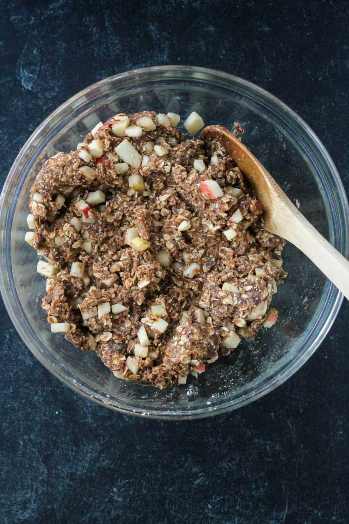 Finished batter with diced apples mixed in.