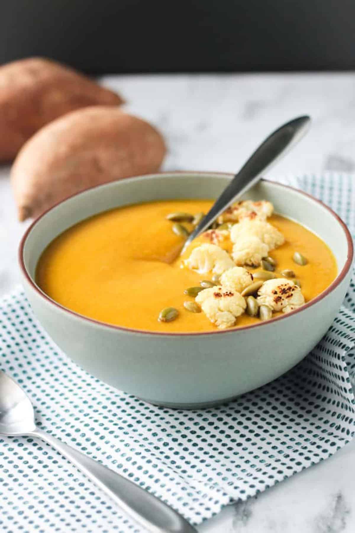 Metal spoon in a bowl of thick creamy soup.