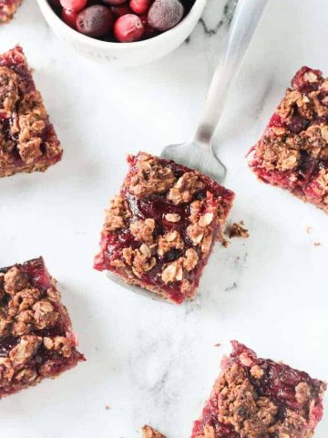 One cranberry oatmeal bar on a metal spatula.