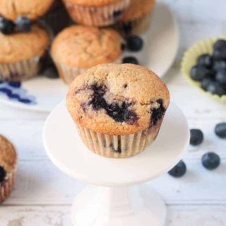 One vegan blueberry muffin on a cupcake stand. Fresh blueberries scattered around beneath.