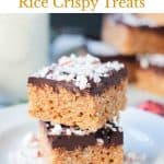 Chocolate Peppermint Rice Crispy Treat stacked two high on a plate.