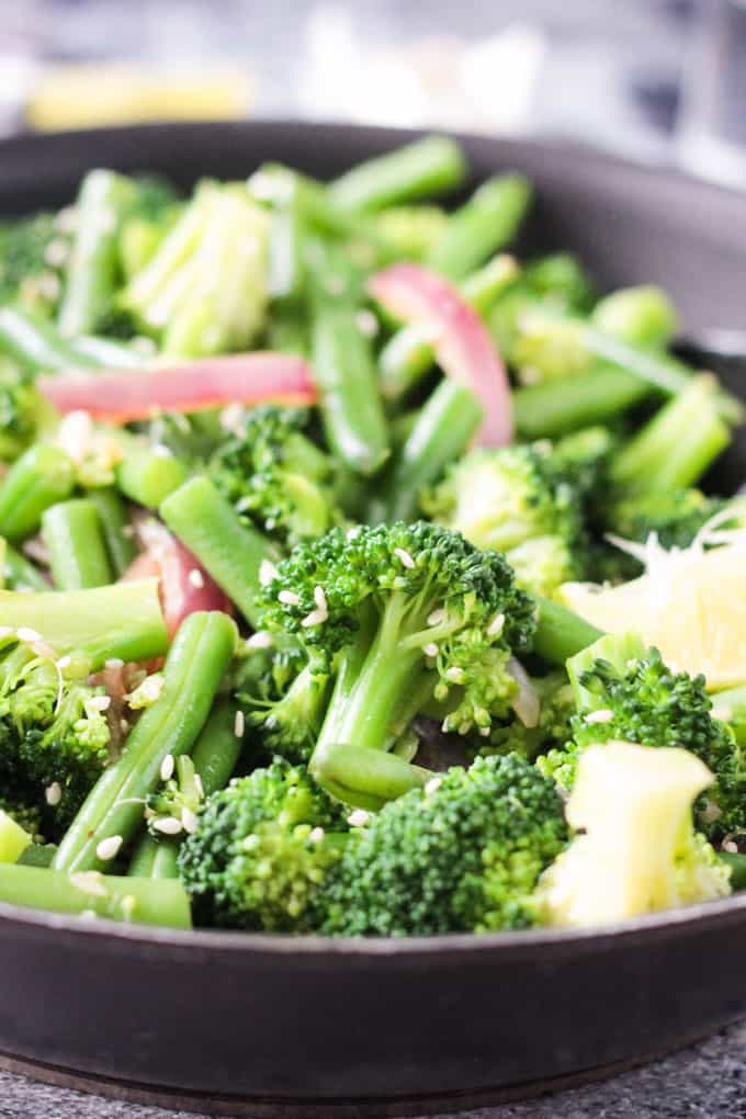 Close up of broccoli and green beans