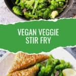 Two photo collage of green bean broccoli stir fry.