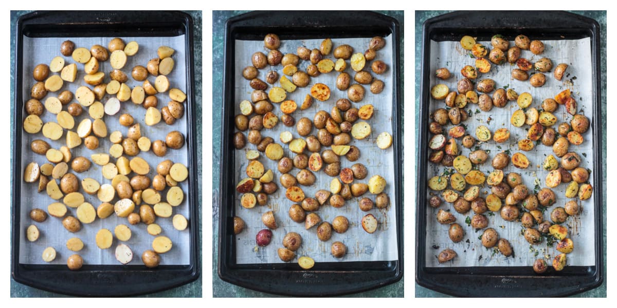 3 photo collage of potatoes on a baking sheet: ready to roast, after roasting, and mixed with herbs.