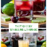 Two photo collage of a glass of cherry lemonade and the ingredients needed to make the recipe.