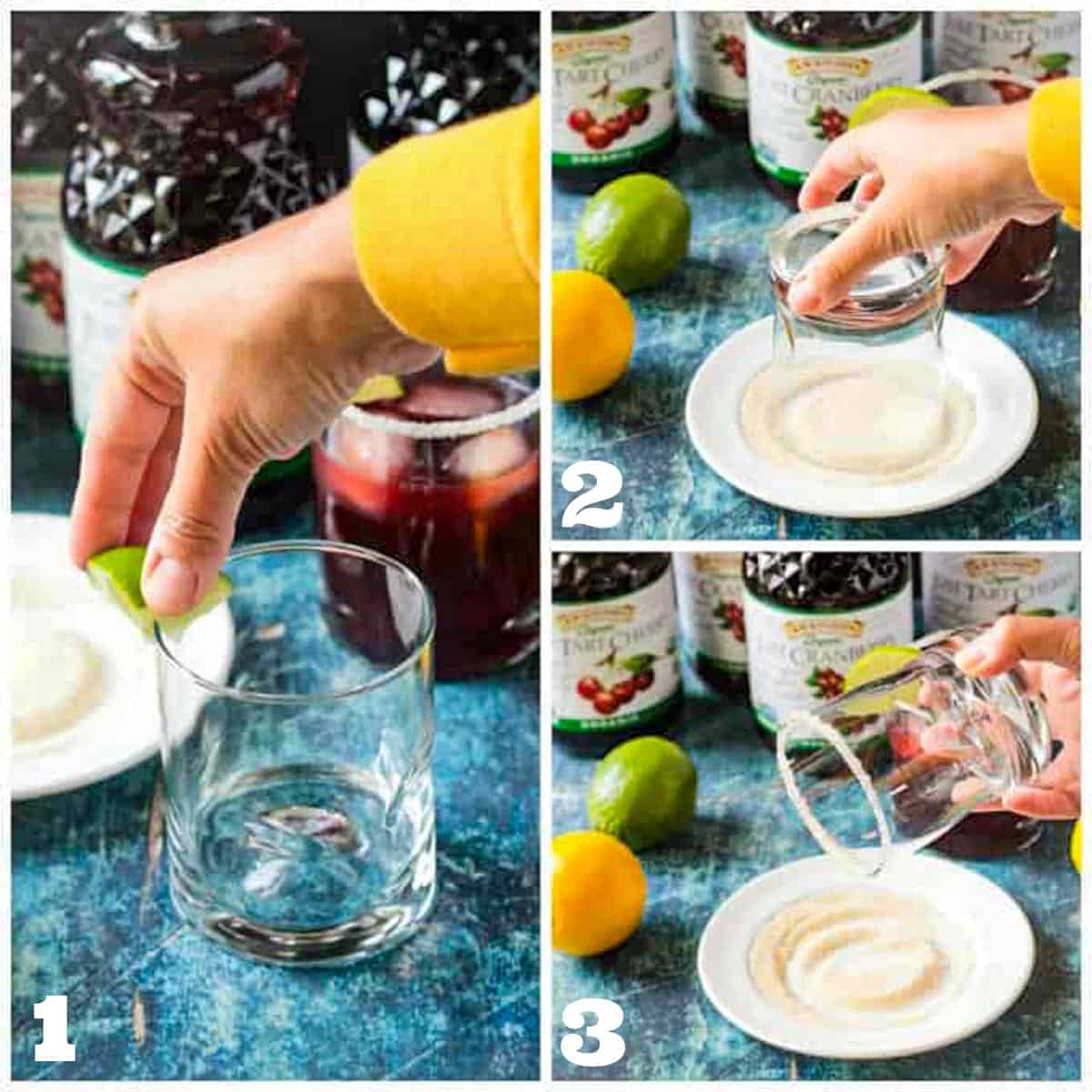 Three photo collage of moistening the rim of a glass with a lime wedge and dipping it in sugar.