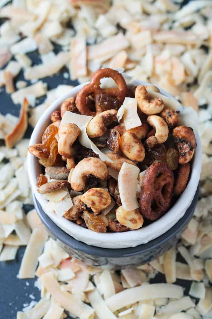 Close up overhead view of a bowl of Thai flavored homemade trail mix.