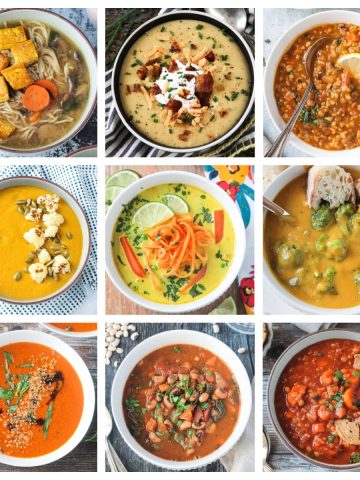 9 photo collage of a variety of vegan soup recipes.