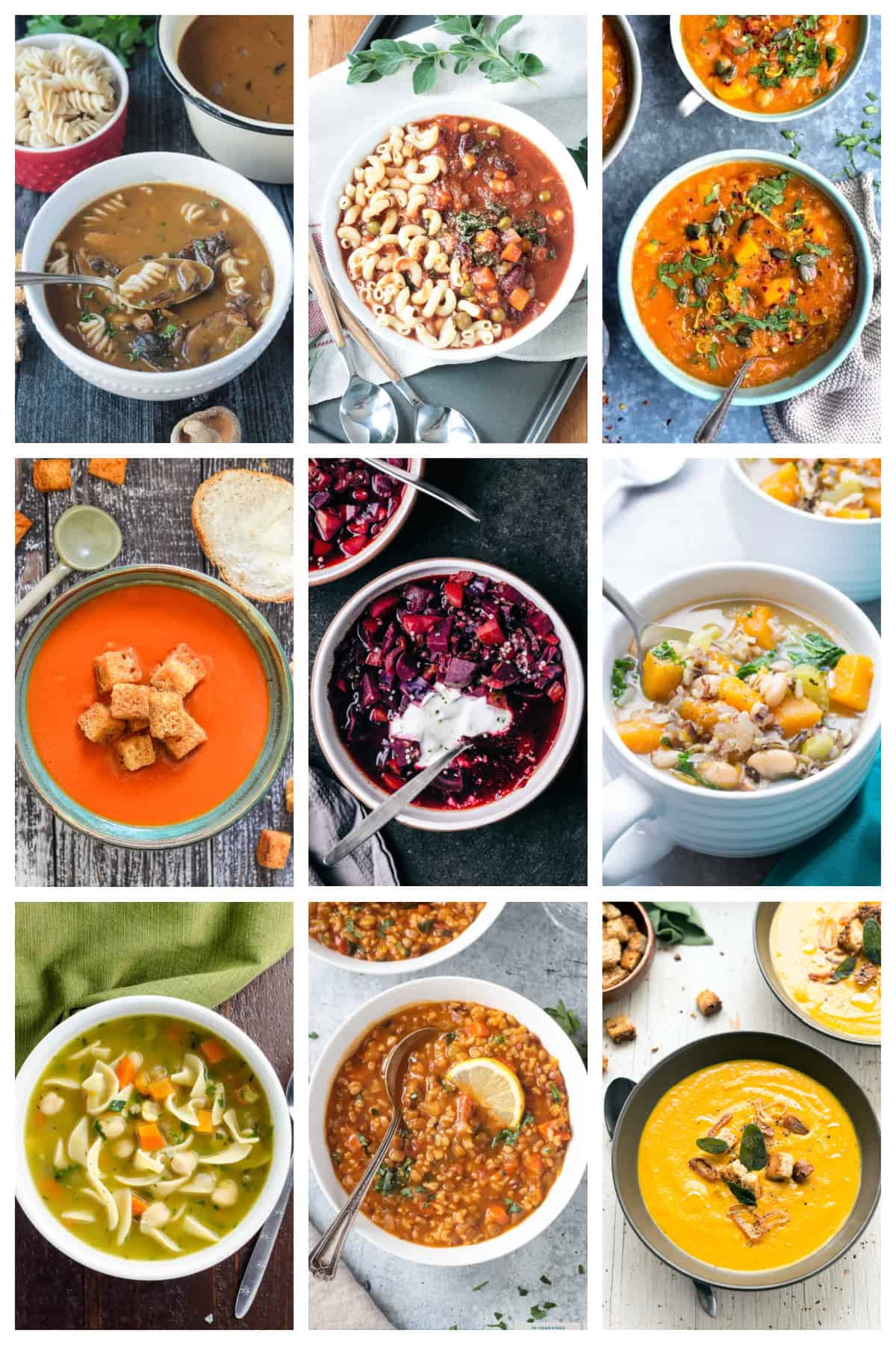 9 photo collage of a variety of vegan soup recipes.