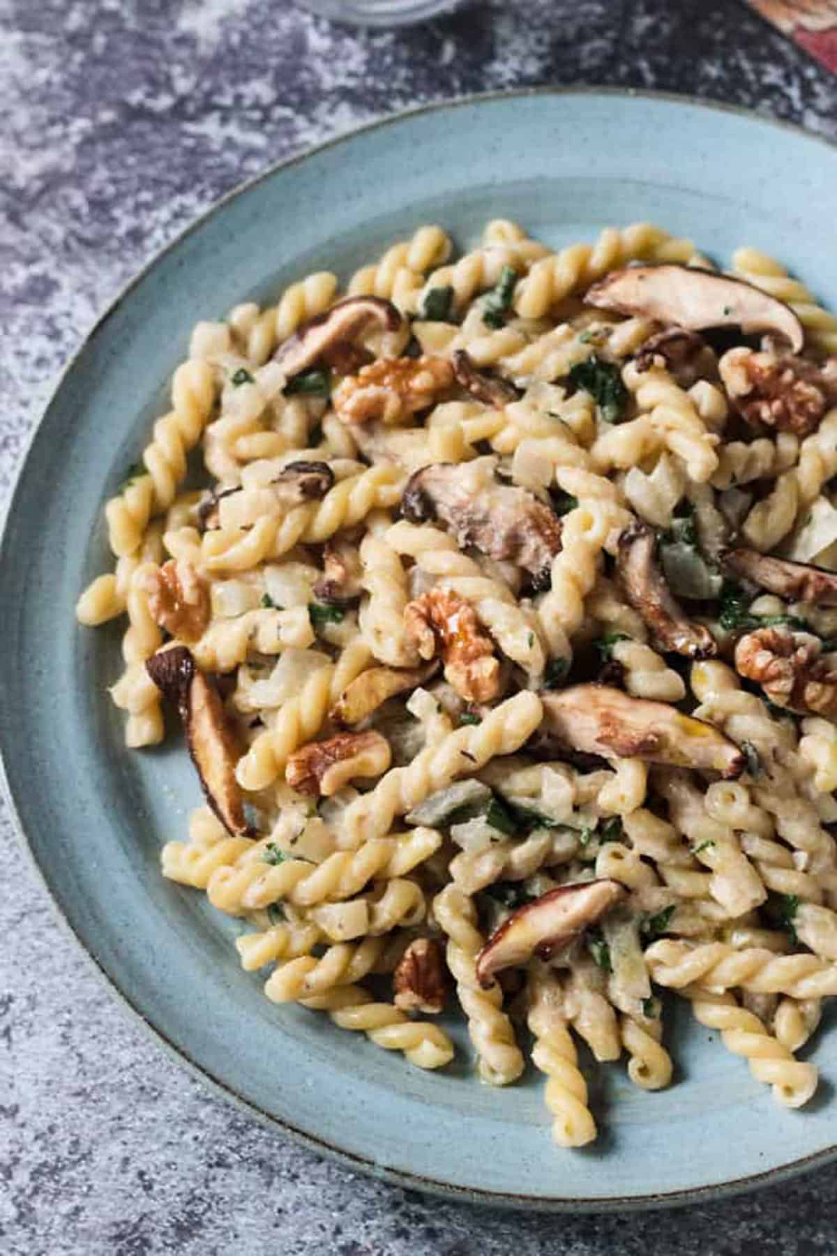 Close up of a plate of creamy mushroom pasta topped with walnuts.