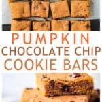 Two photo collage of vegan pumpkin bars cut into squares and a pile of bars on a plate.