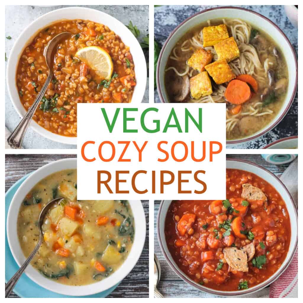 Four photo collage of a variety of vegan cozy soup recipes.