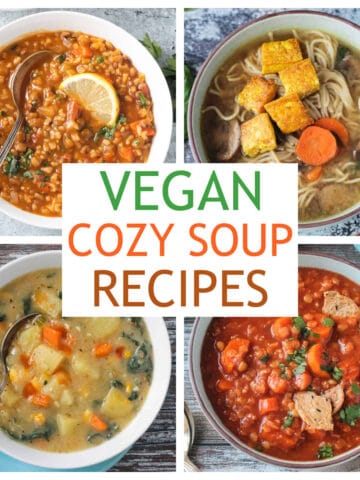 Four photo collage of a variety of vegan cozy soup recipes.
