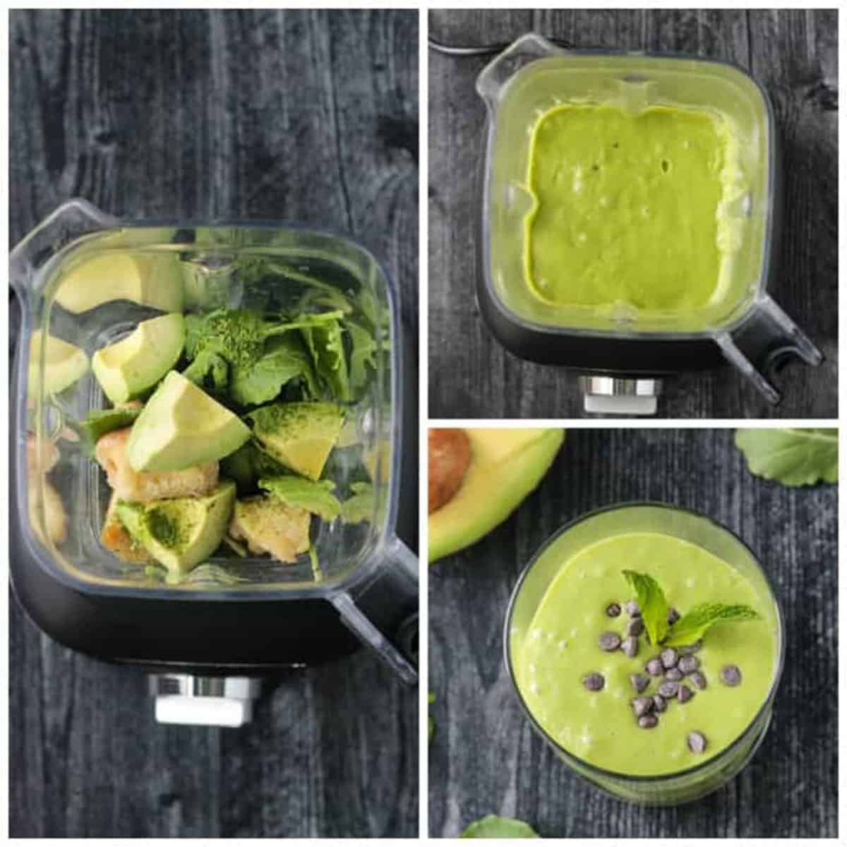3 photo collage of making a matcha smoothie.