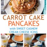 Three photo collage of pancakes topped with walnuts, a stack of pancakes with syrup, and a stack with icing.