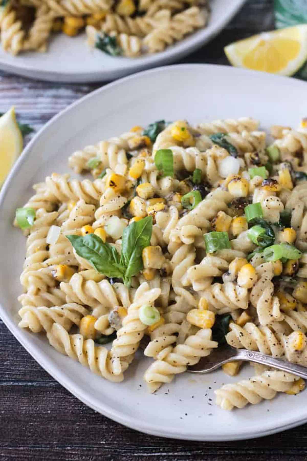 Close up of rotini noodles on plate.