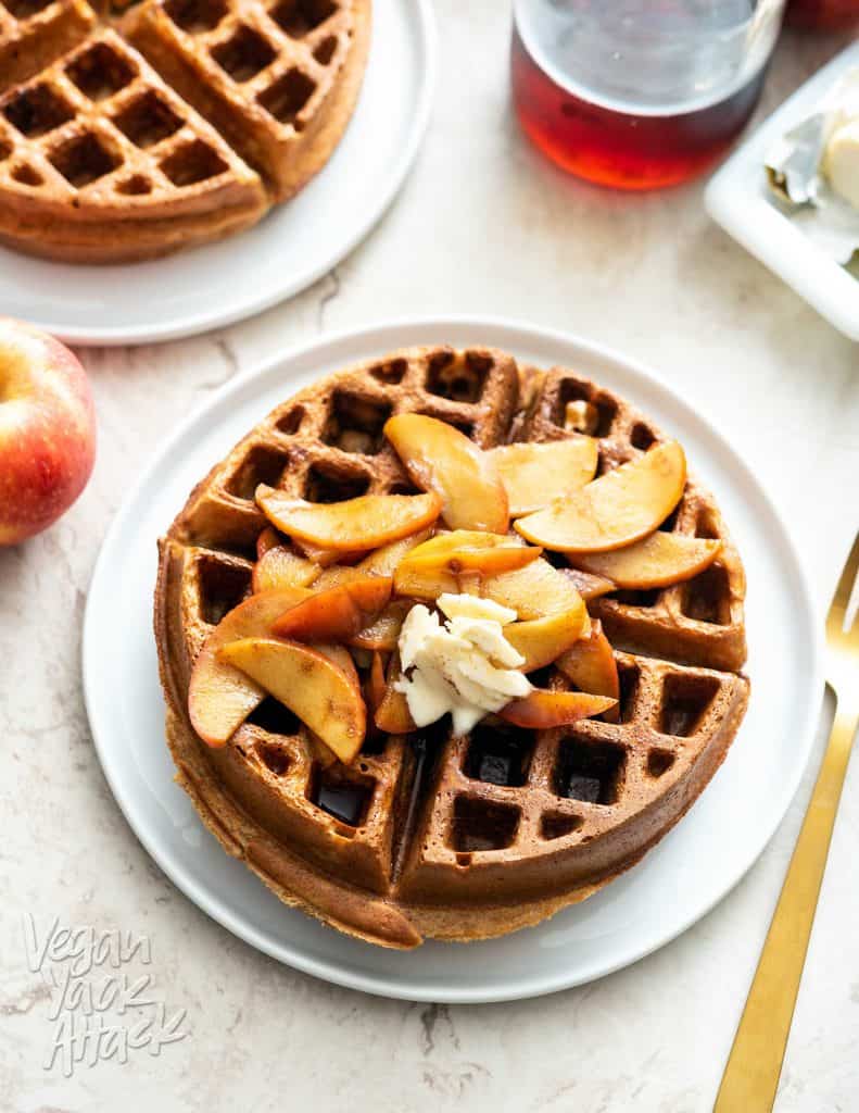 big waffle topped with apples