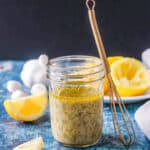 Jar of homemade lemon vinaigrette dressing.