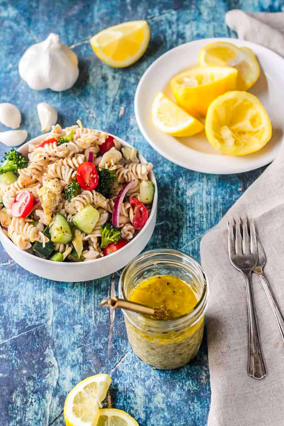 Pasta salad with lemon vinaigrette dressing.