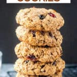 Stack of five oatmeal breakfast cookies with dried fruit.