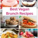 Collage of vegan breakfast recipes - donuts, granola parfait, muffins, bagel sandwich, savory french toast, and pancakes.