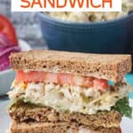 Two halves of a vegan tuna salad sandwich stacked on each other.