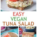 Three photo collage of vegan tuna salad sandwiches.