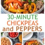 Three photo collage of recipe ingredients, finished dish, and a serving of peppers and chickpeas.