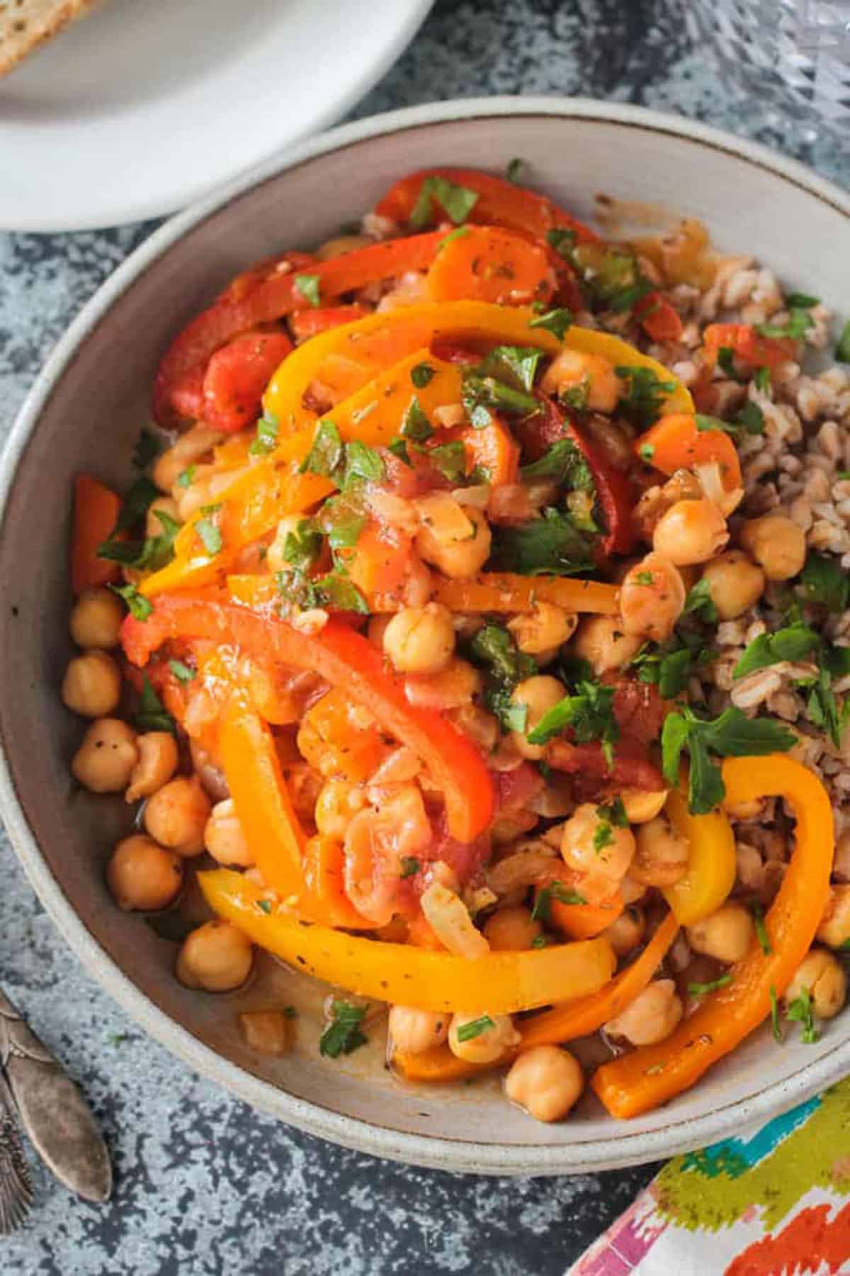 Up close overhead view of a bowl of Italian Peppers and Chickpeas.