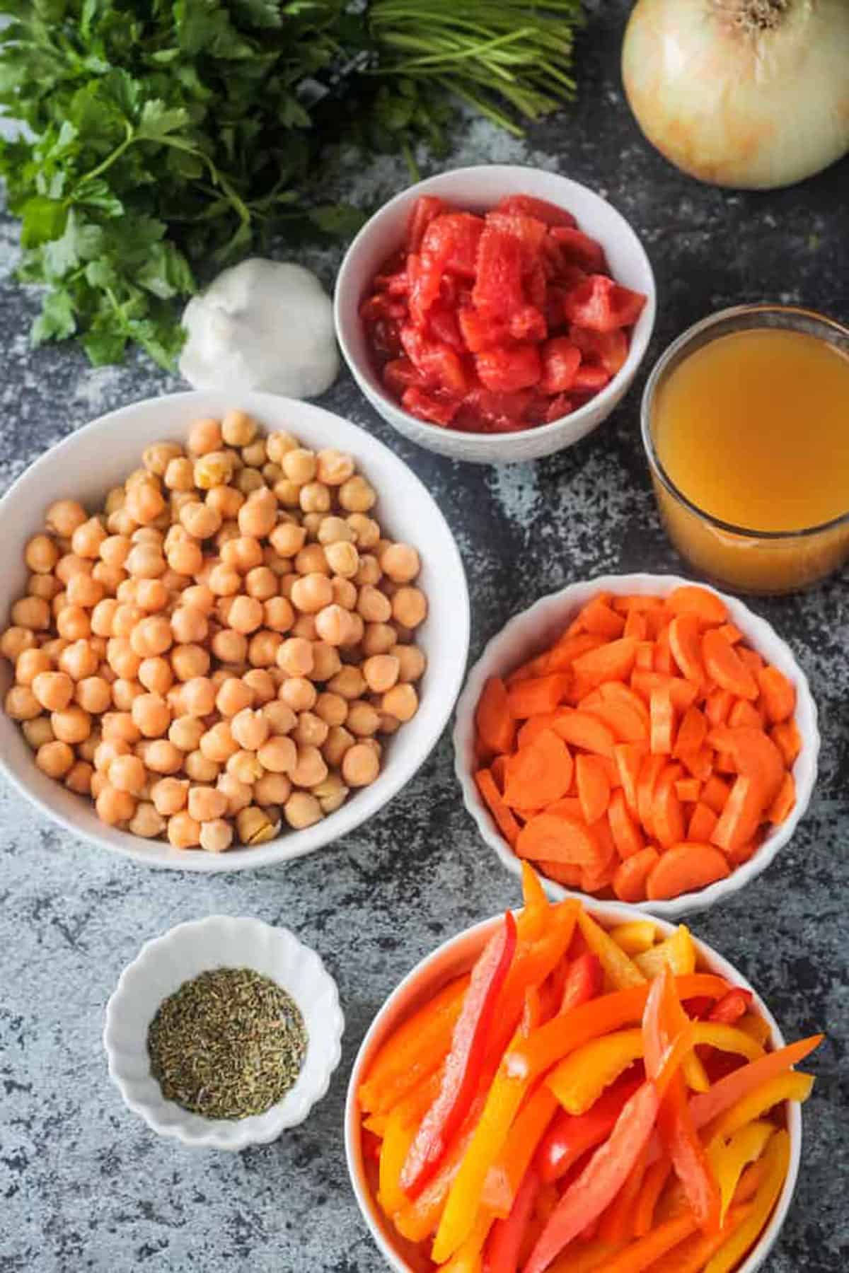 Recipe ingredients arrayed in individual bowls.