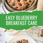 Two photo collage of a breakfast cake in a pan and a slice on a plate.