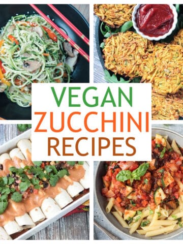 Four photo collage of a variety of vegan zucchini recipes.