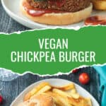 Two photo collage of homemade chickpea burgers.